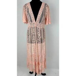 Mainstrip Peach Pink Lace Maxi Duster Dress Sheer Festival Bohemian Ethereal L